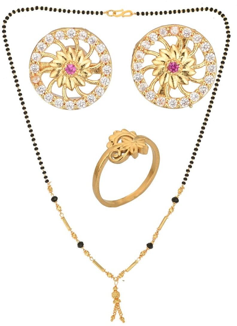 AanyaCentric Gold-Polished Jewelry Combo: Elegant Short Mangalsutra, Finger Ring, and American Diamond Earrings Set