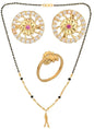 AanyaCentric Gold-Polished Jewelry Combo: Elegant Short Mangalsutra, Finger Ring, and American Diamond Earrings Set