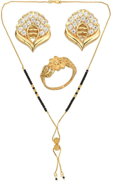 AanyaCentric Gold-Polished Jewelry Combo: Elegant Short Mangalsutra, Finger Ring, and American Diamond Earrings Set
