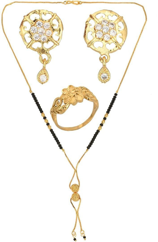 AanyaCentric Gold-Polished Jewelry Combo: Elegant Short Mangalsutra, Finger Ring, and American Diamond Earrings Set