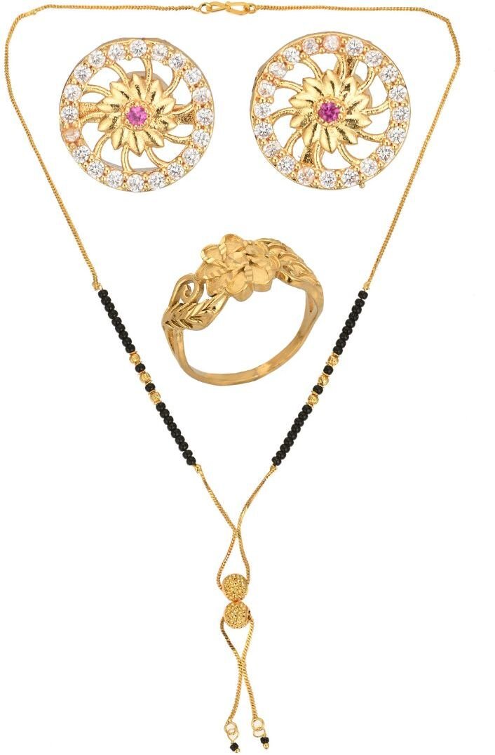 AanyaCentric Gold-Polished Jewelry Combo: Elegant Short Mangalsutra, Finger Ring, and American Diamond Earrings Set