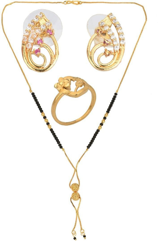 AanyaCentric Gold-Polished Jewelry Combo: Elegant Short Mangalsutra, Finger Ring, and American Diamond Earrings Set