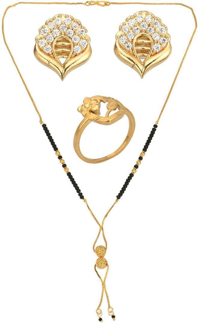 AanyaCentric Gold-Polished Jewelry Combo: Elegant Short Mangalsutra, Finger Ring, and American Diamond Earrings Set