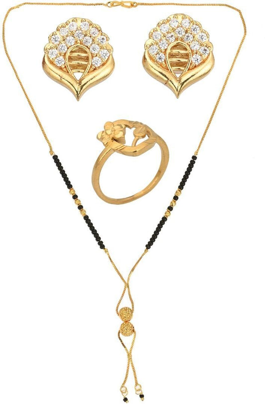 AanyaCentric Gold-Polished Jewelry Combo: Elegant Short Mangalsutra, Finger Ring, and American Diamond Earrings Set