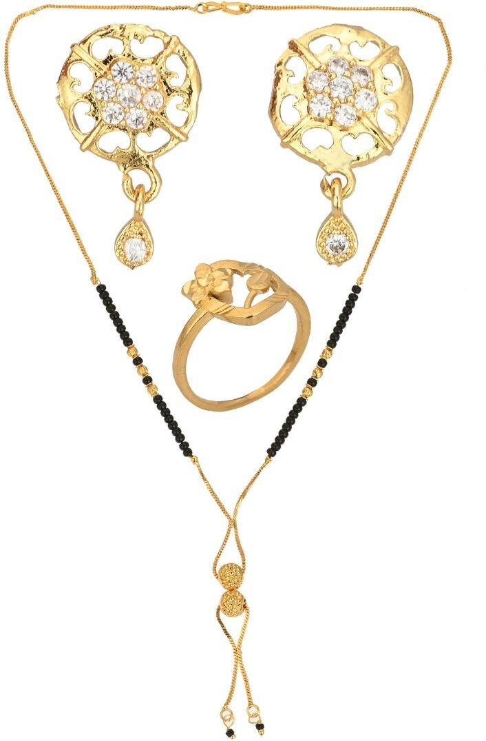 AanyaCentric Gold-Polished Jewelry Combo: Elegant Short Mangalsutra, Finger Ring, and American Diamond Earrings Set