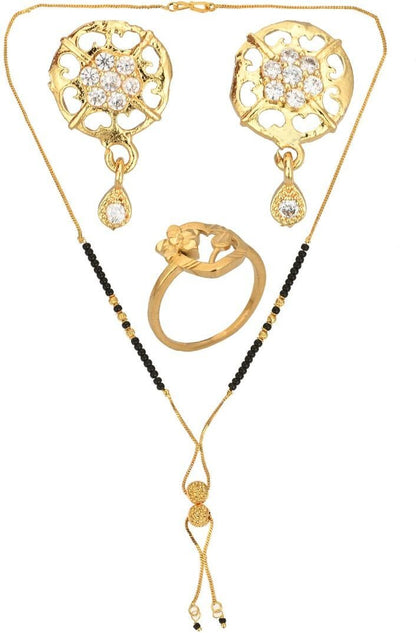 AanyaCentric Gold-Polished Jewelry Combo: Elegant Short Mangalsutra, Finger Ring, and American Diamond Earrings Set