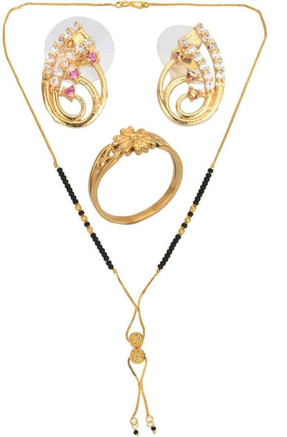 AanyaCentric Gold-Polished Jewelry Combo: Elegant Short Mangalsutra, Finger Ring, and American Diamond Earrings Set