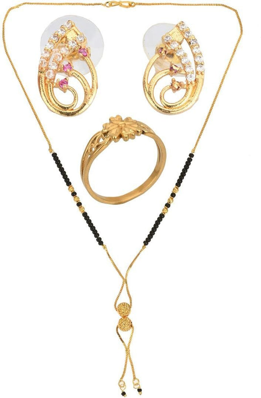 AanyaCentric Gold-Polished Jewelry Combo: Elegant Short Mangalsutra, Finger Ring, and American Diamond Earrings Set