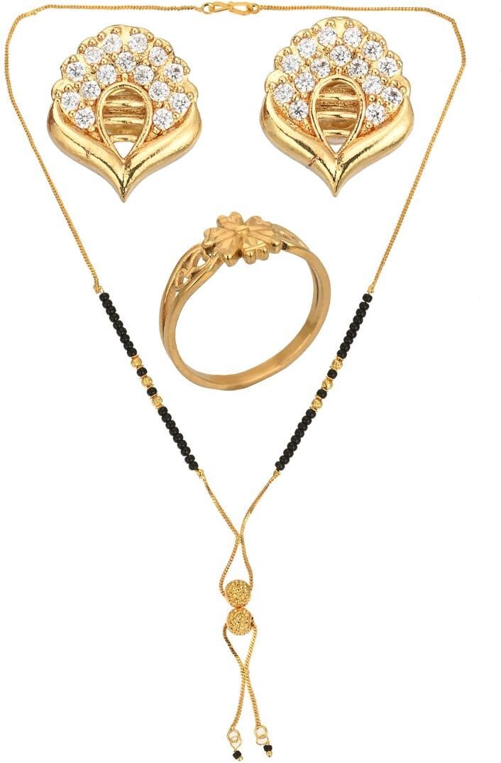 AanyaCentric Gold-Polished Jewelry Combo: Elegant Short Mangalsutra, Finger Ring, and American Diamond Earrings Set