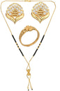 AanyaCentric Gold-Polished Jewelry Combo: Elegant Short Mangalsutra, Finger Ring, and American Diamond Earrings Set