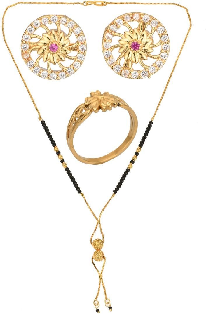 AanyaCentric Gold-Polished Jewelry Combo: Elegant Short Mangalsutra, Finger Ring, and American Diamond Earrings Set
