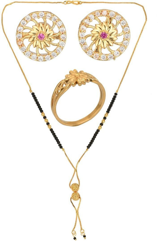 AanyaCentric Gold-Polished Jewelry Combo: Elegant Short Mangalsutra, Finger Ring, and American Diamond Earrings Set