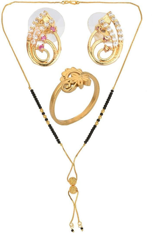 AanyaCentric Gold-Polished Jewelry Combo: Elegant Short Mangalsutra, Finger Ring, and American Diamond Earrings Set