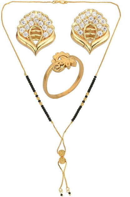 AanyaCentric Gold-Polished Jewelry Combo: Elegant Short Mangalsutra, Finger Ring, and American Diamond Earrings Set