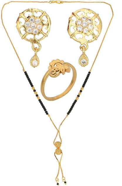 AanyaCentric Gold-Polished Jewelry Combo: Elegant Short Mangalsutra, Finger Ring, and American Diamond Earrings Set