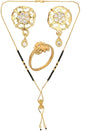 AanyaCentric Gold-Polished Jewelry Combo: Elegant Short Mangalsutra, Finger Ring, and American Diamond Earrings Set