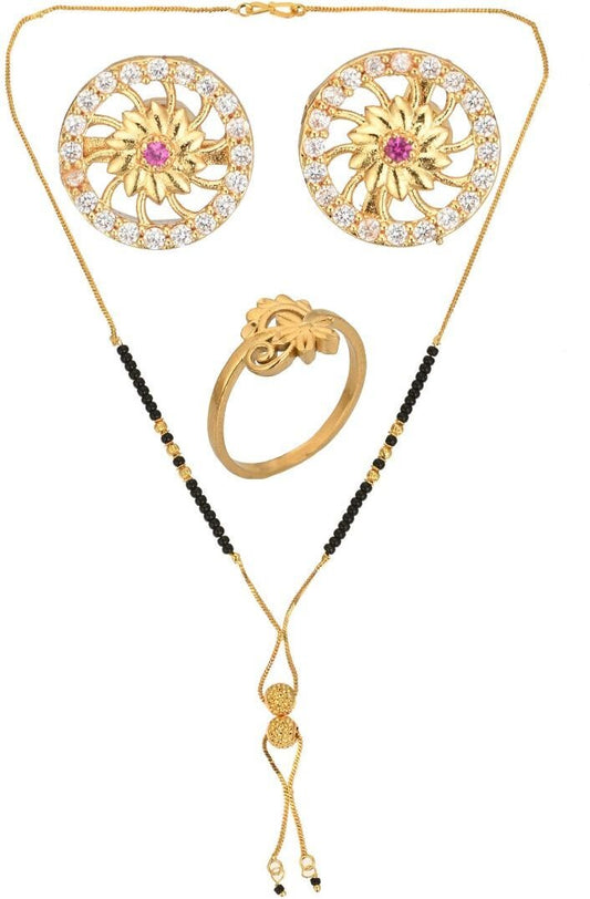 AanyaCentric Gold-Polished Jewelry Combo: Elegant Short Mangalsutra, Finger Ring, and American Diamond Earrings Set