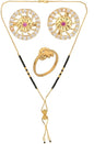AanyaCentric Gold-Polished Jewelry Combo: Elegant Short Mangalsutra, Finger Ring, and American Diamond Earrings Set