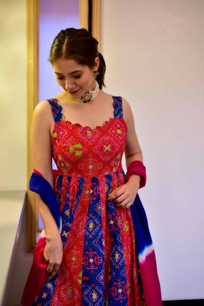 Everywhere Designer Blue & Red Silk Cotton Stitched Suit With Dupatta - Anbazaar