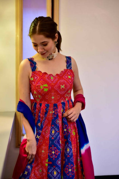 Everywhere Designer Blue & Red Silk Cotton Stitched Suit With Dupatta - Anbazaar