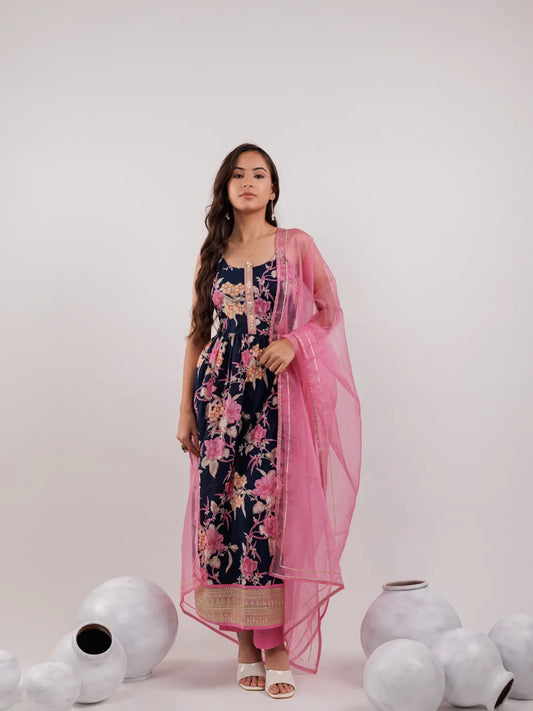 Yufta Navy Blue Floral Print Cotton Fit And Flare Kurta Trouser & Dupatta Set
