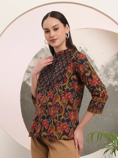 Yufta Navy Blue Pure Cotton Shirt Style Top