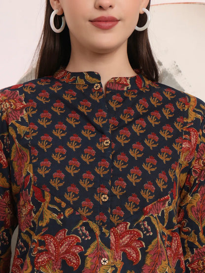 Yufta Navy Blue Pure Cotton Shirt Style Top