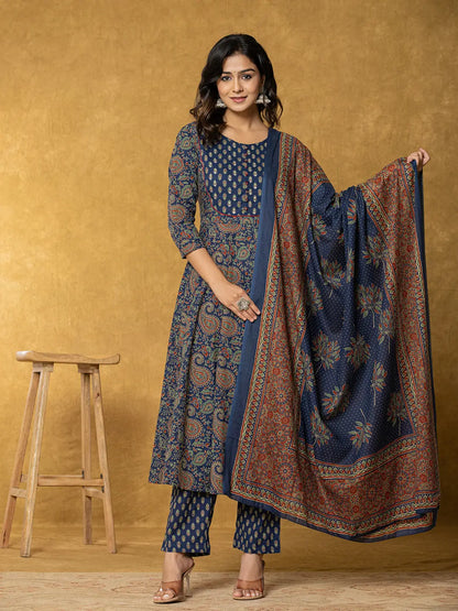 Yufta Navy Blue Sequins_Worky Cotton Anarkali Kurta Dupatta Set