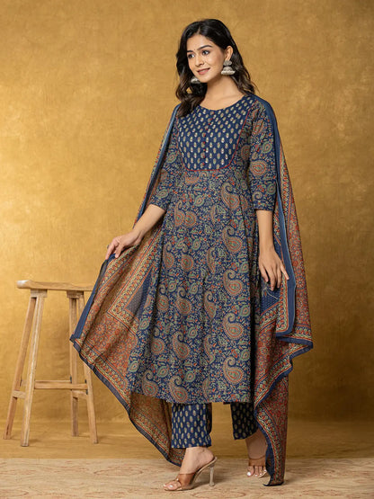 Yufta Navy Blue Sequins_Worky Cotton Anarkali Kurta Dupatta Set