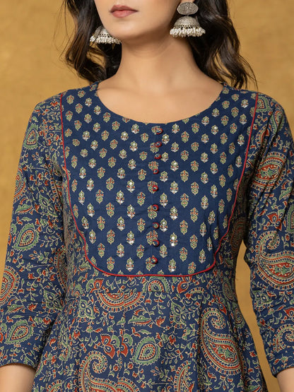 Yufta Navy Blue Sequins_Worky Cotton Anarkali Kurta Dupatta Set