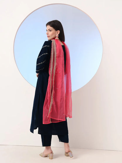 Yufta Navy Blue Velvet Zari Work Kurta Trouser Dupatta Set