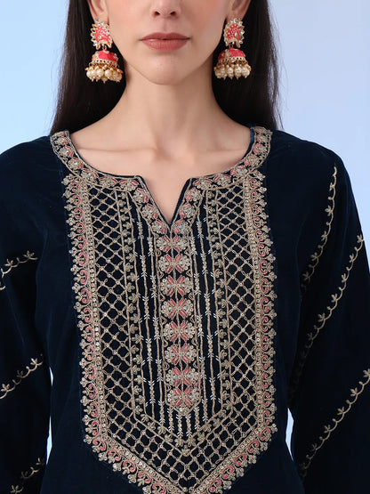 Yufta Navy Blue Velvet Zari Work Kurta Trouser Dupatta Set