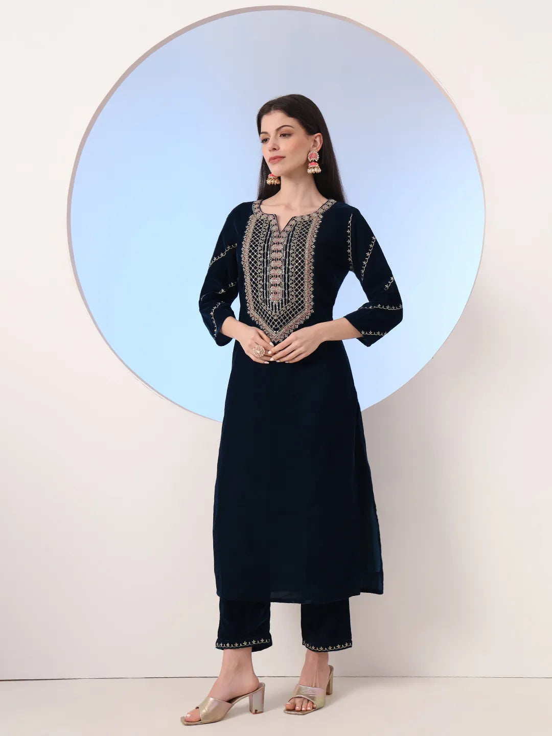 Yufta Navy Blue Velvet Zari Work Kurta Trouser Dupatta Set
