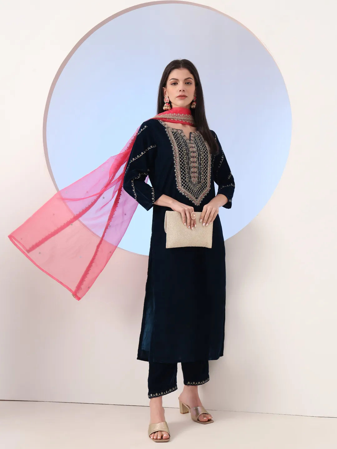Yufta Navy Blue Velvet Zari Work Kurta Trouser Dupatta Set
