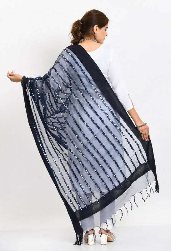 Mominos Fashion Moeza Women's Orgenza Mirror Stripe Thread Work Navy Blue Dupatta