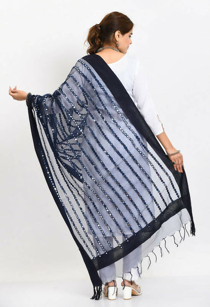 Mominos Fashion Moeza Women's Orgenza Mirror Stripe Thread Work Navy Blue Dupatta