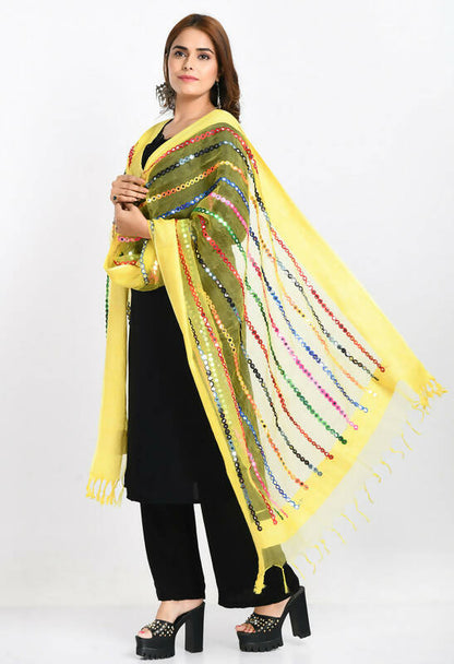 Mominos Fashion Moeza Women's Orgenza Multi Thread Mirror Work Lemon Yellow Dupatta