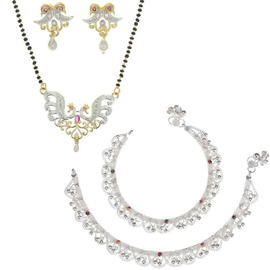 AanyaCentric Gold-Polished Mangalsutra Pendant Earring Set & Silver Plated Anklet