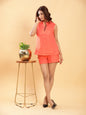 BohoJazz Neon Orange Linen Tailored Shorts with Sleeveless Collared Top Co-ord Set