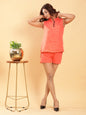 BohoJazz Neon Orange Linen Tailored Shorts with Sleeveless Collared Top Co-ord Set