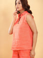 BohoJazz Neon Orange Linen Tailored Shorts with Sleeveless Collared Top Co-ord Set