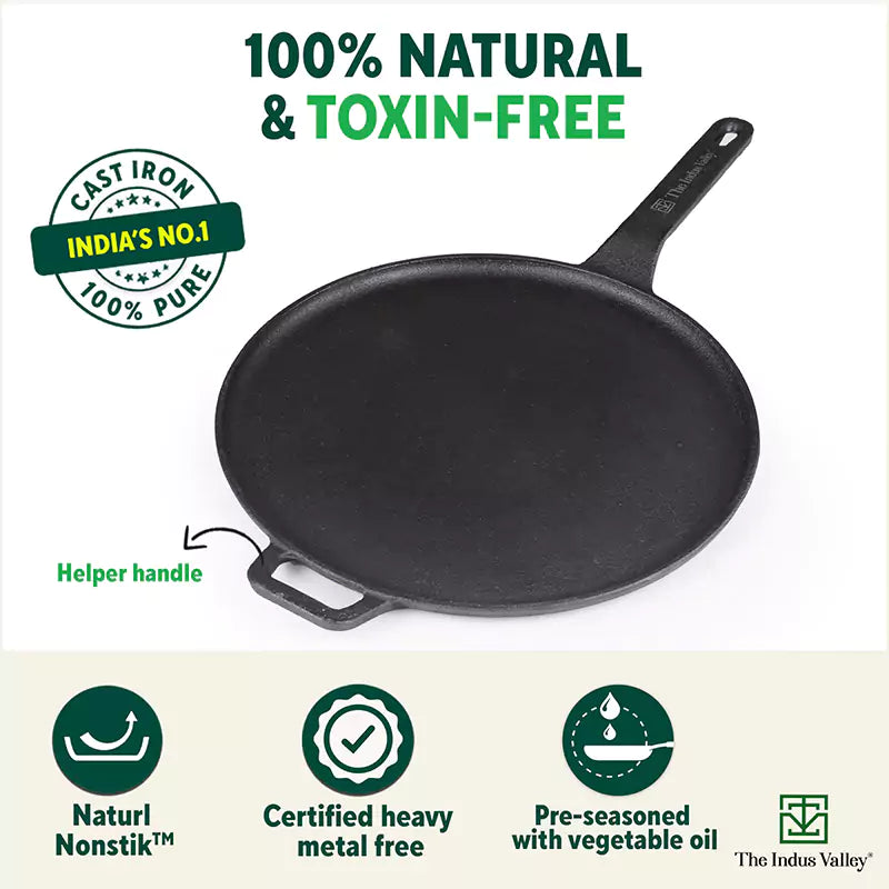 The Indus Valley CASTrong Cast Iron Tawa With Long Handle,Pre-seasoned, Nonstick, 100% Pure, Toxin-free, Induction, 28.5cm, 2.4kg