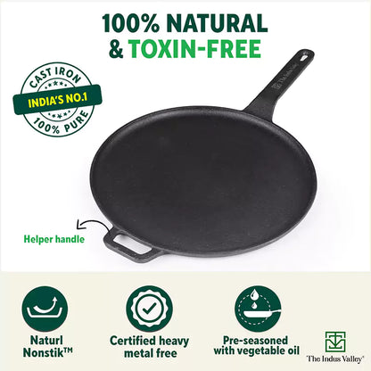 The Indus Valley CASTrong Cast Iron Tawa With Long Handle,Pre-seasoned, Nonstick, 100% Pure, Toxin-free, Induction, 28.5cm, 2.4kg