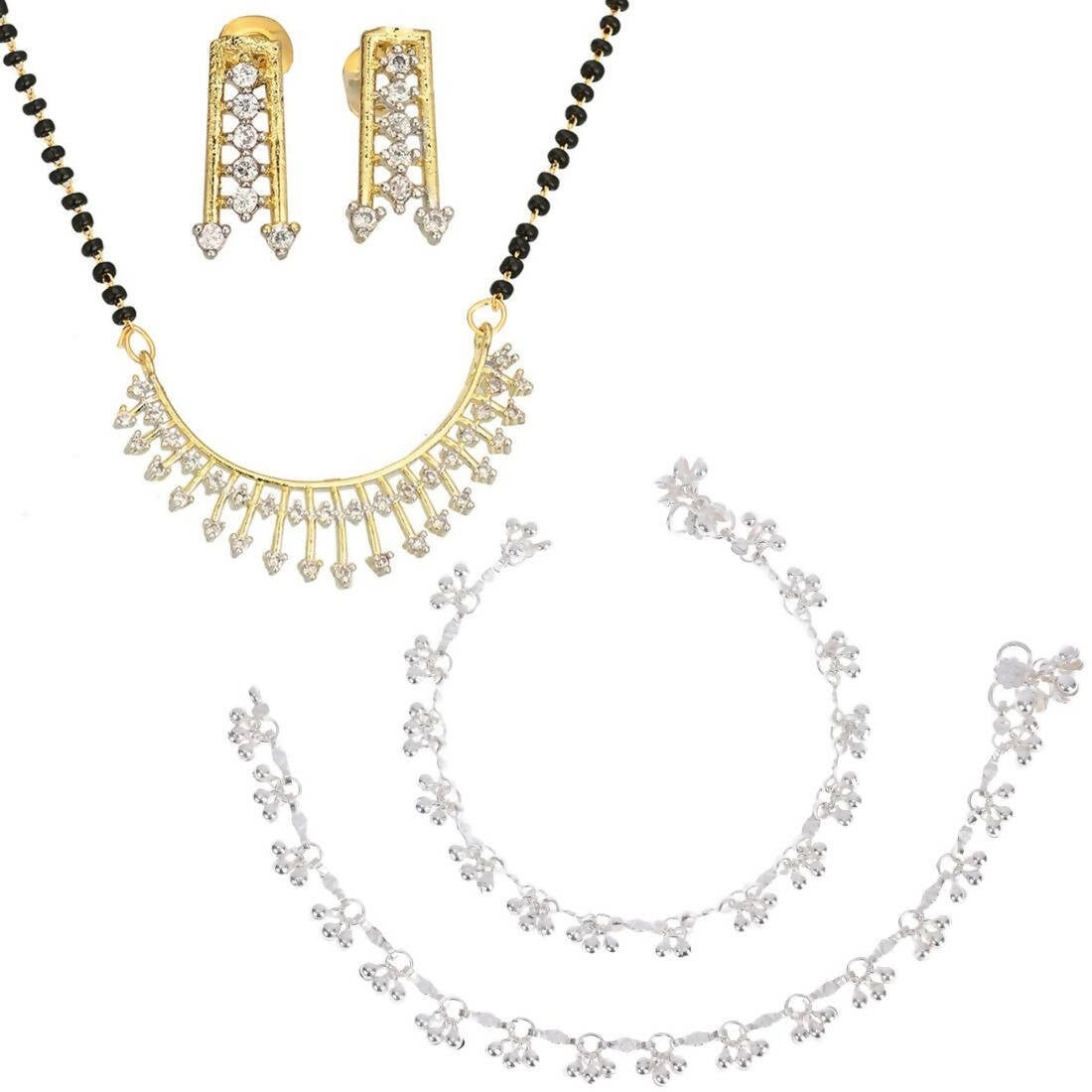 AanyaCentric Gold-Polished Mangalsutra Pendant Earring Set & Silver Plated Anklet