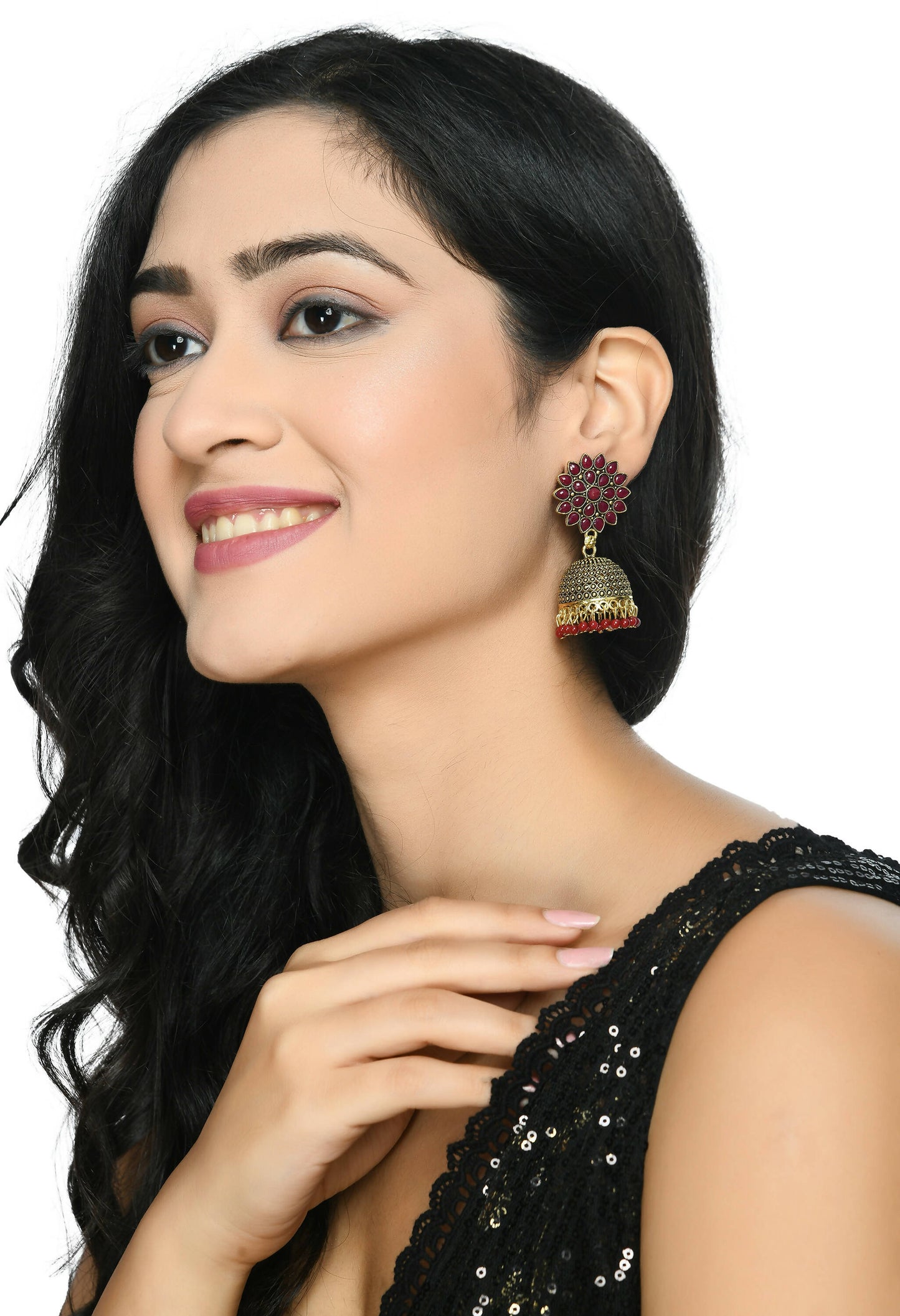 Mominos Fashion Joharkamal Kundan work Jhumka with Maroon Beads