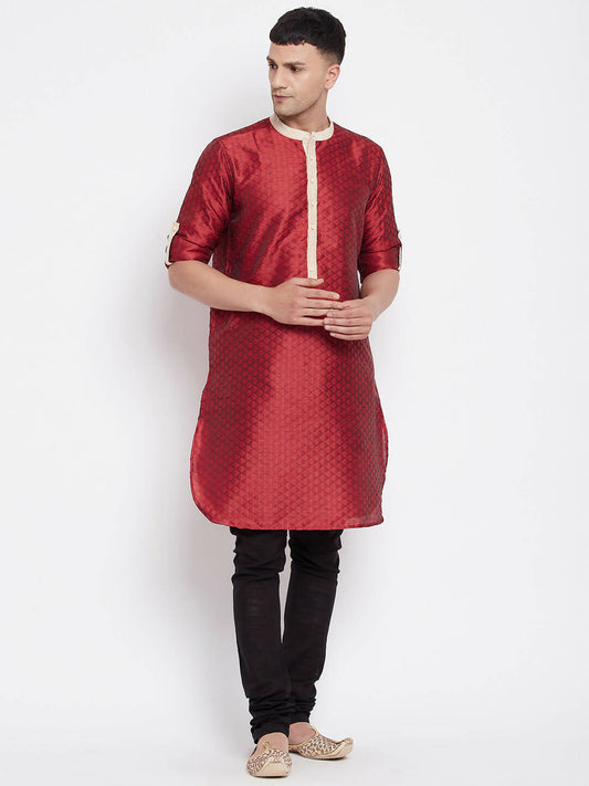 Even Apparels Red Art Silk Men's Kurta With Contrast Collar And Placket