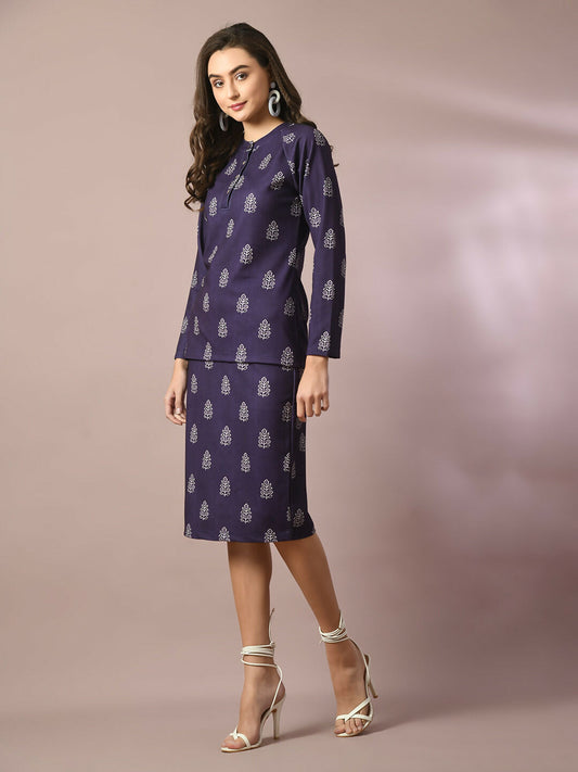 Myshka Women's Navy Blue Printed Round Neck Party Top With Skirt Co-ord set