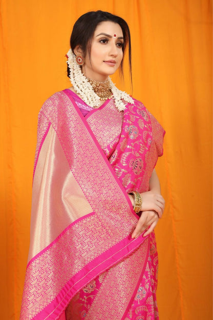 Jyoti Fashion Women's Rani Pink Kanjivaram Silk Zari Woven Saree with Blouse