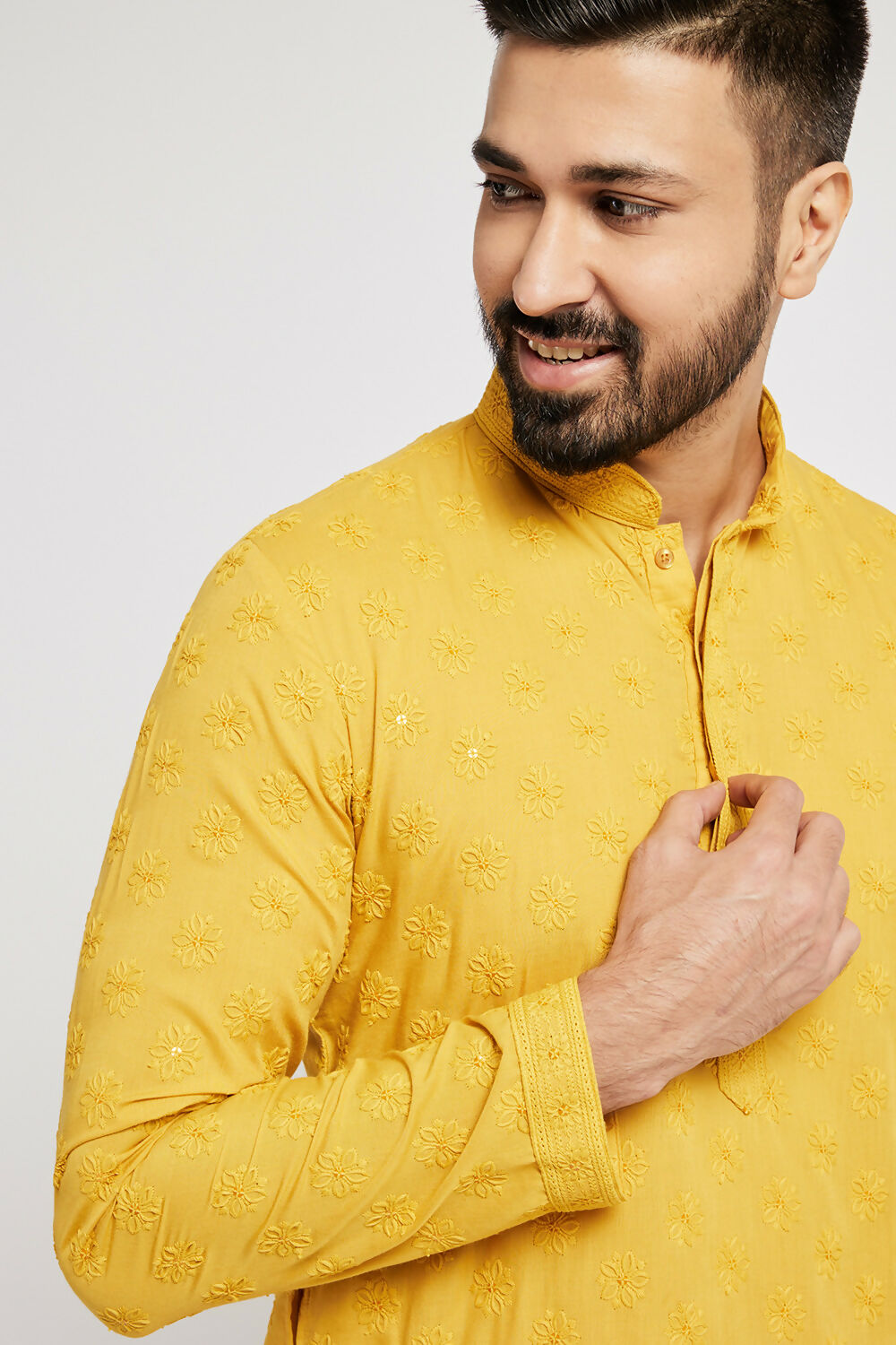 Ethnic India Yellow Men's Kurta Ethnic Motifs Cotton