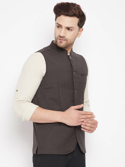 Even Apparels Brown Merino Men Woven Nehru Jacket